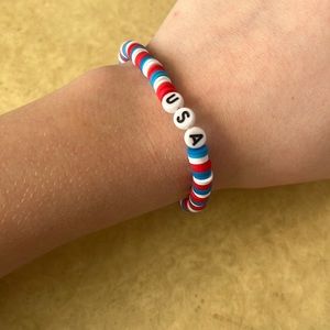 Red white and blue USA handmaid clay bead bracelet